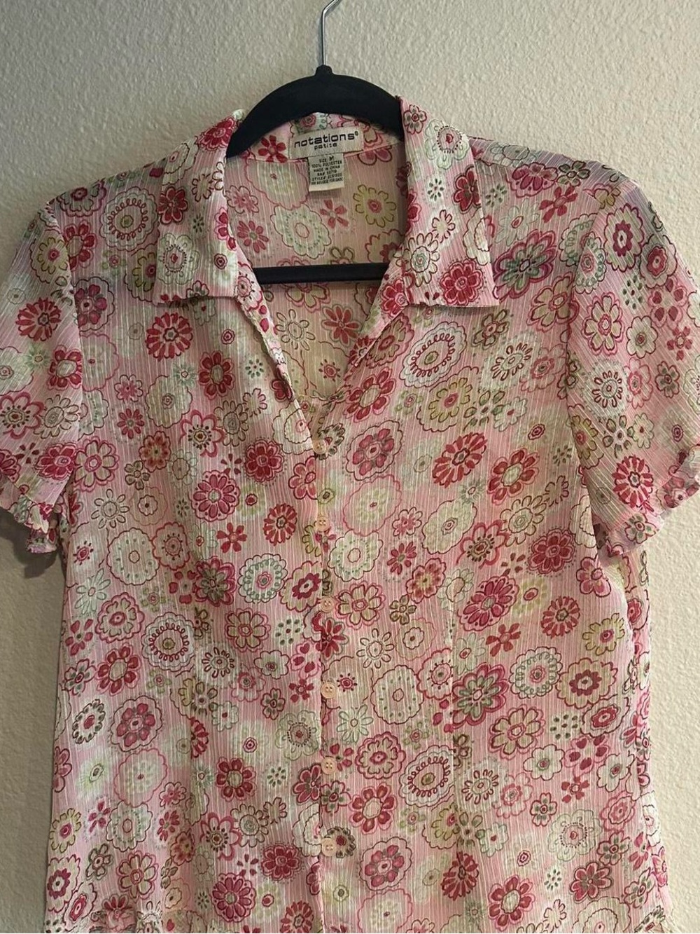 Notations Retro Pink Floral Button Up Sheer Top SZ Petite M Y2K Soft Girl Fairy